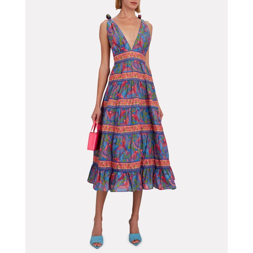 FARM RIO Blue Macaw Tie-Shoulder Midi Dress